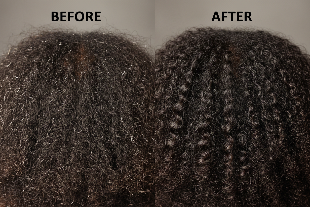 Lets show a before and after picture of dry brittle and breaking 4c natural hair, transformed to soft, moistened and shining hair after a hot oil treatment